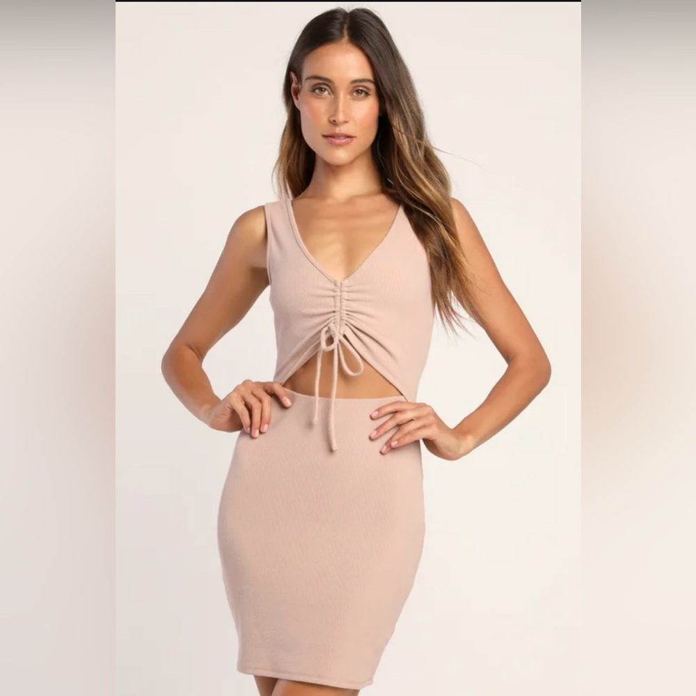 Go With You Beige Ribbed Ruched Cutout Bodycon Dress size L